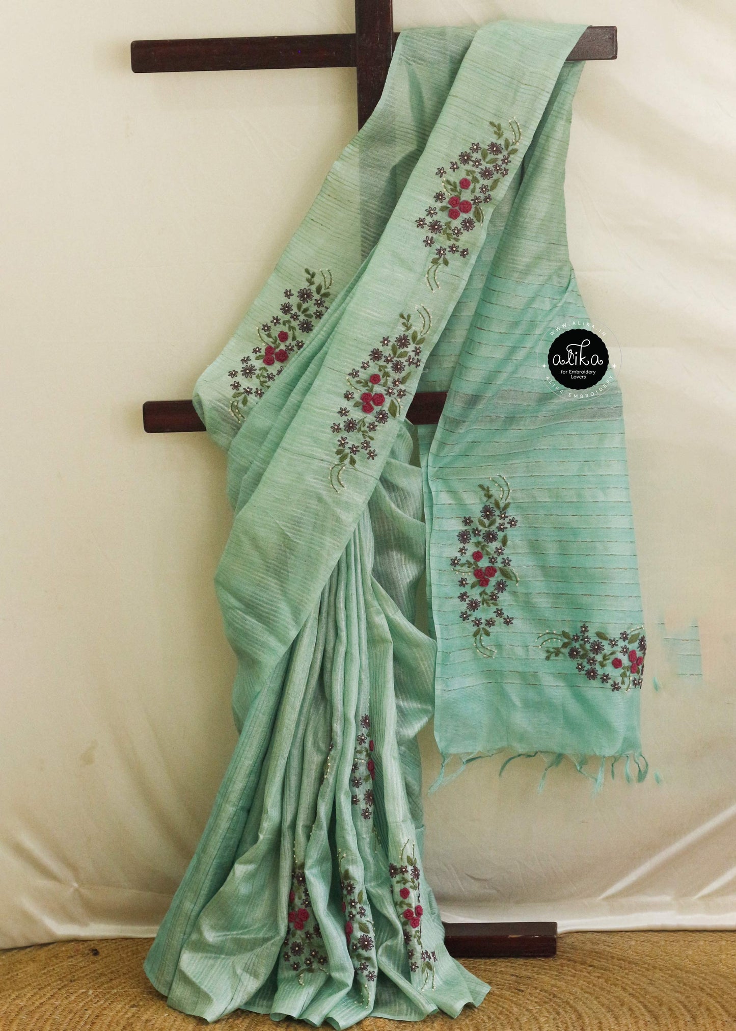 Turquoise Green Tussar Silk Saree with Floral Hand Embroidery – Elegant Craftsmanship by Alika Fashion Store