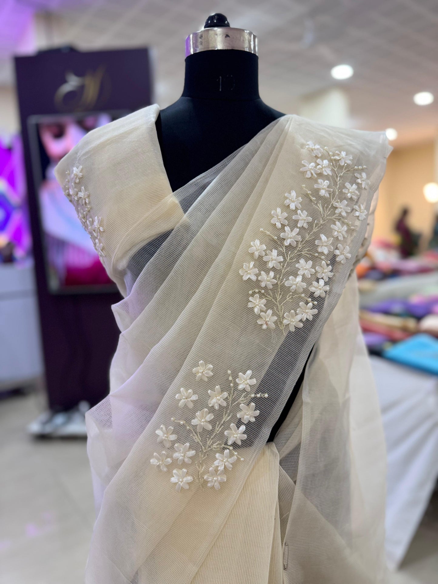 Hand-Embroidered Dover White Cotton Saree for Baptism Functions & Church Wear