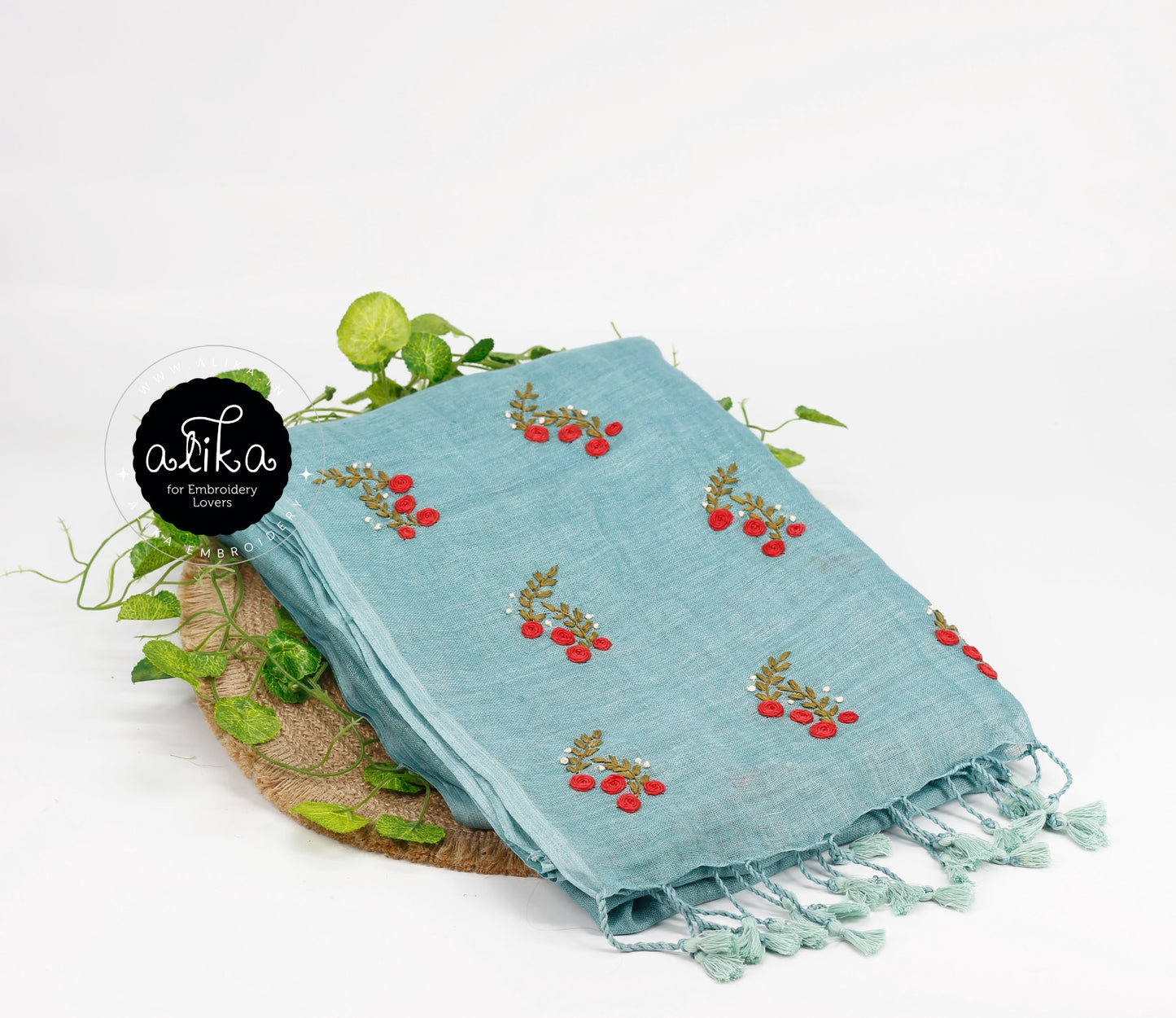 Mohair Soft Blue Linen Saree with Red Floral Embroidery – Elegant & Lightweight | Alika Fashion Store .