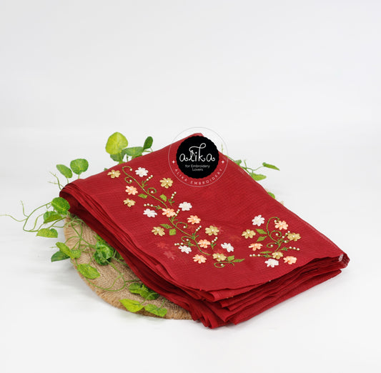 Falu Red Silky Kota Saree with Multi-Color Ribbon Embroidery – Vibrant & Elegant | Alika Fashion Store