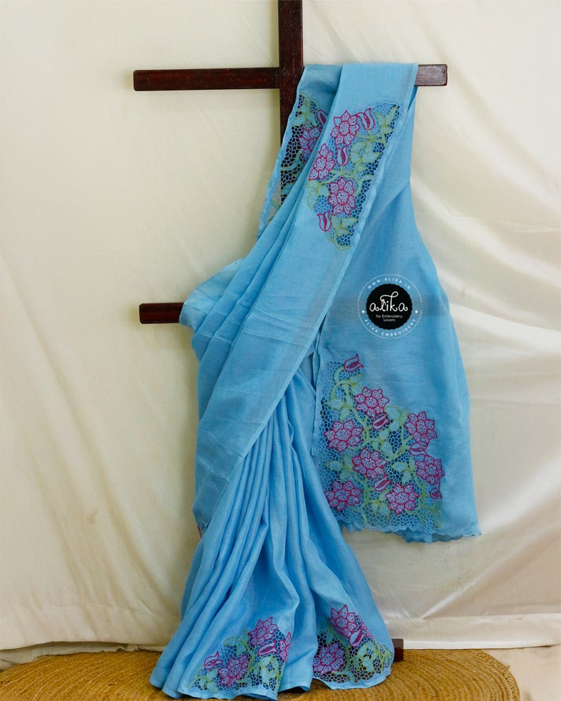 Pale Cerulean Blue Jute Saree with Twine Cut Work – Elegant & Artistic | Alika Fashion Store