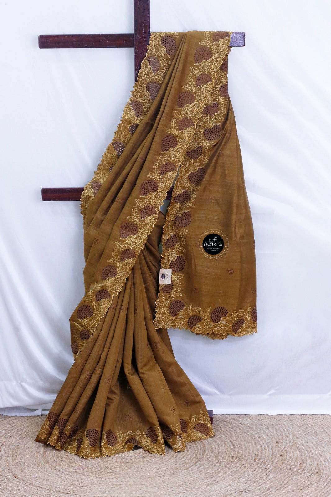 Dark Goldenrod Semi Silk Saree with Full Border Cut Work – Elegant Traditional Wear by Alika Fashion Store