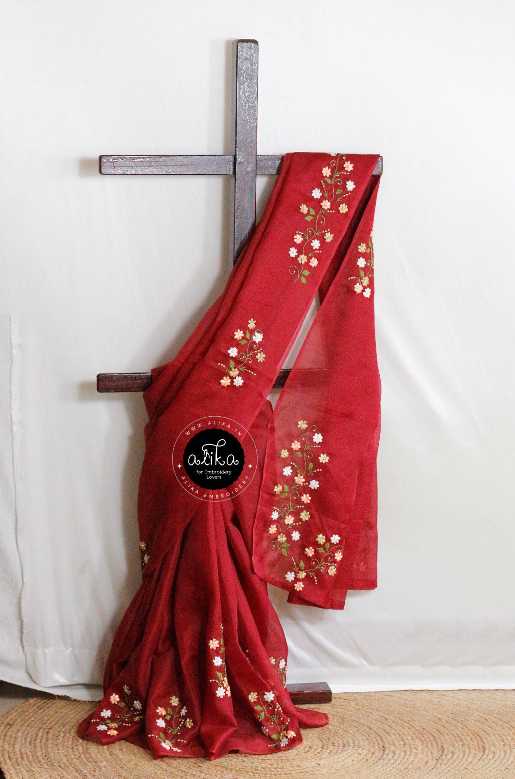 Falu Red Silky Kota Saree with Multi-Color Ribbon Embroidery – Vibrant & Elegant | Alika Fashion Store