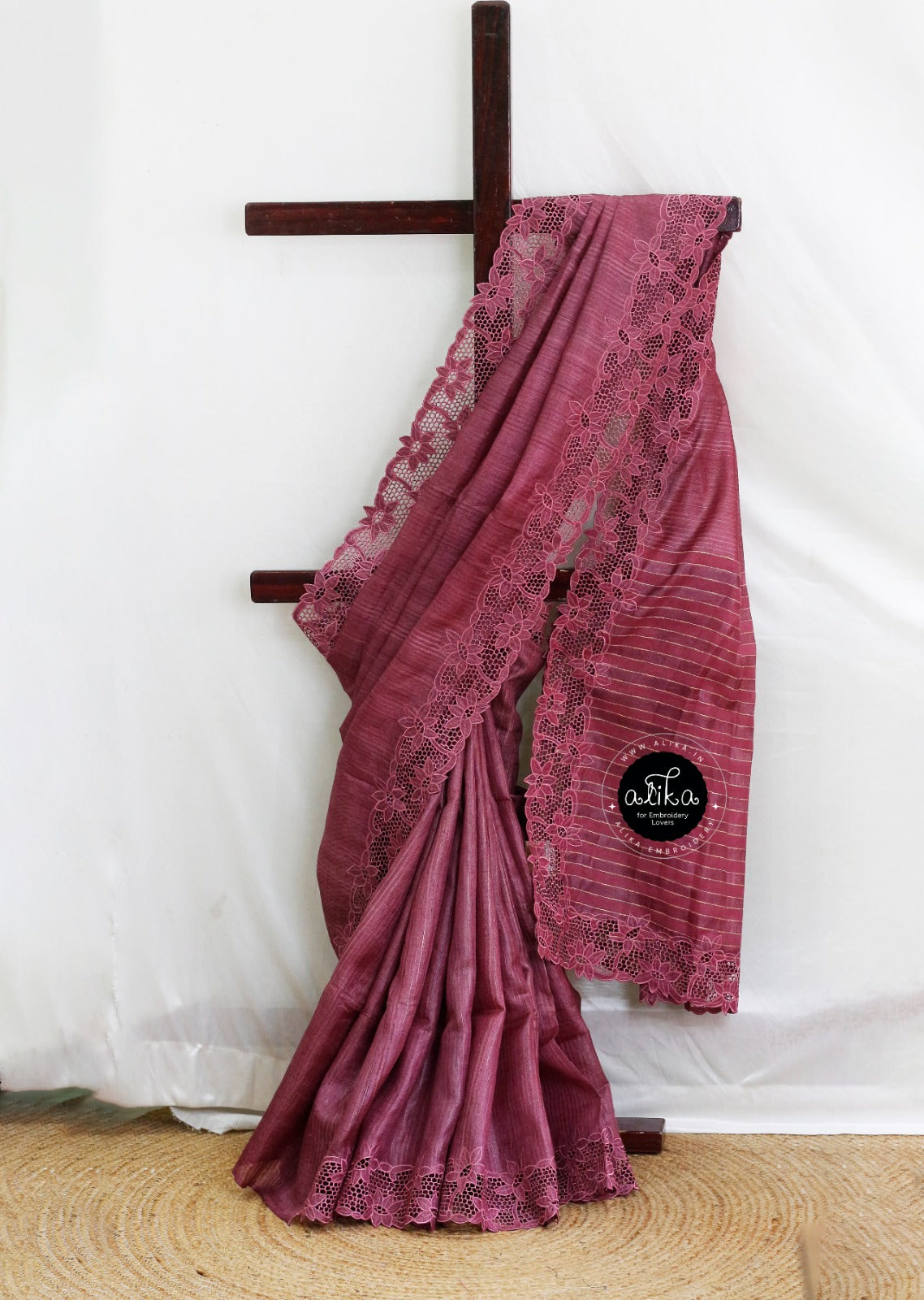 Mavu Shaided Tussar Silk Saree with Full Border Cut Work – Elegant Handcrafted Traditional Wear by Alika Fashion Store