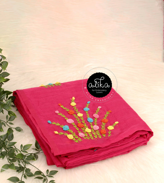 Cerise Pink Kota Saree with Multicolor Bullion Embroidery - Alika Fashion Store