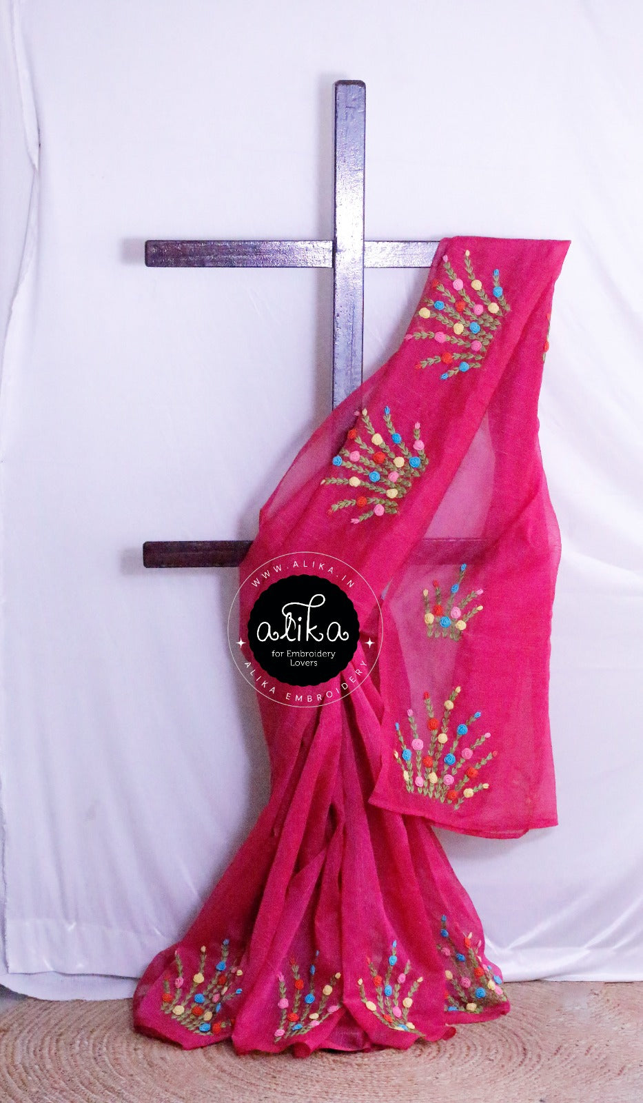 Cerise Pink Kota Saree with Multicolor Bullion Embroidery - Alika Fashion Store