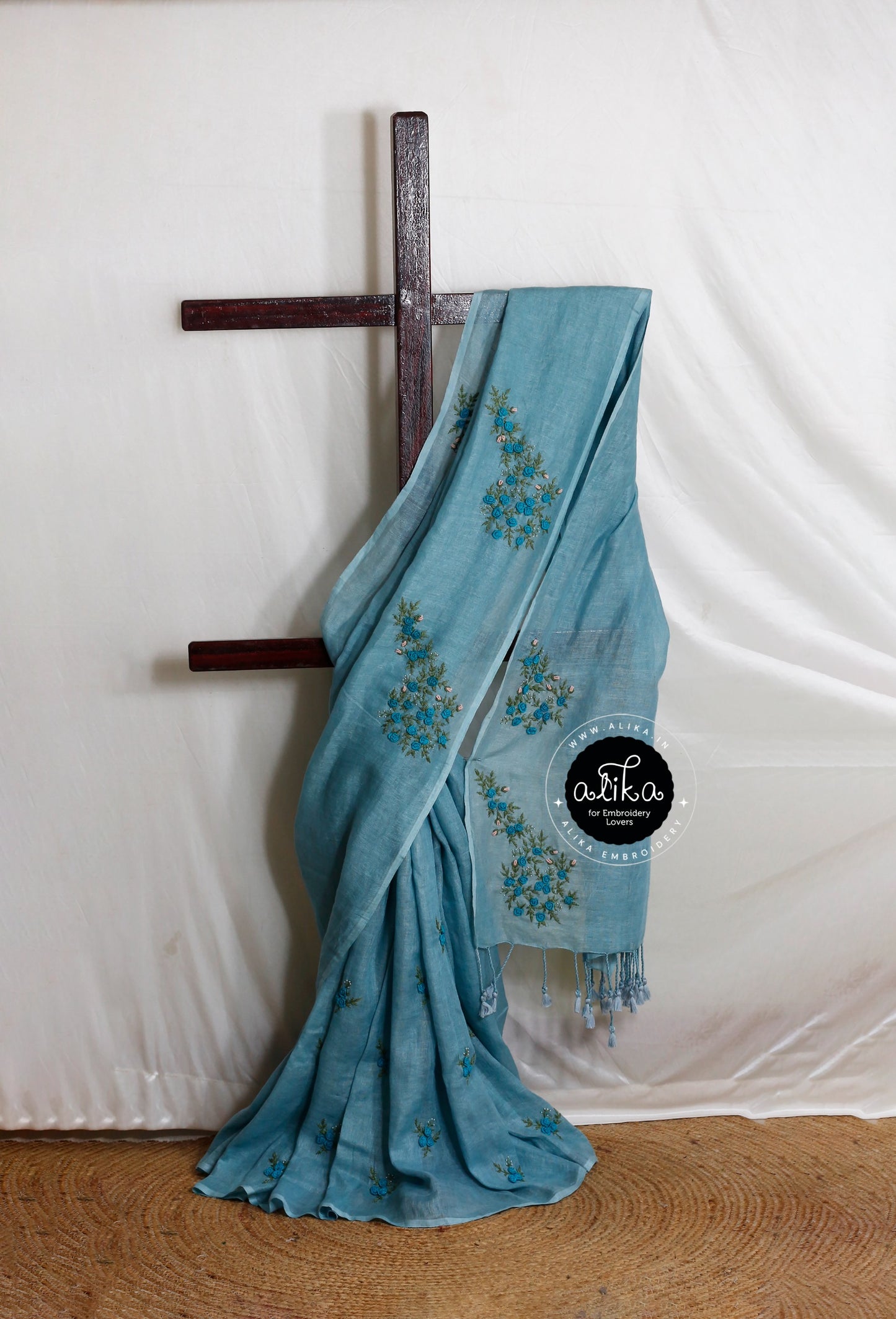 Winters Well Blue Linen Saree with Floral Hand Embroidery & Bead Work - Elegant & Cozy by Alika Fashion Store