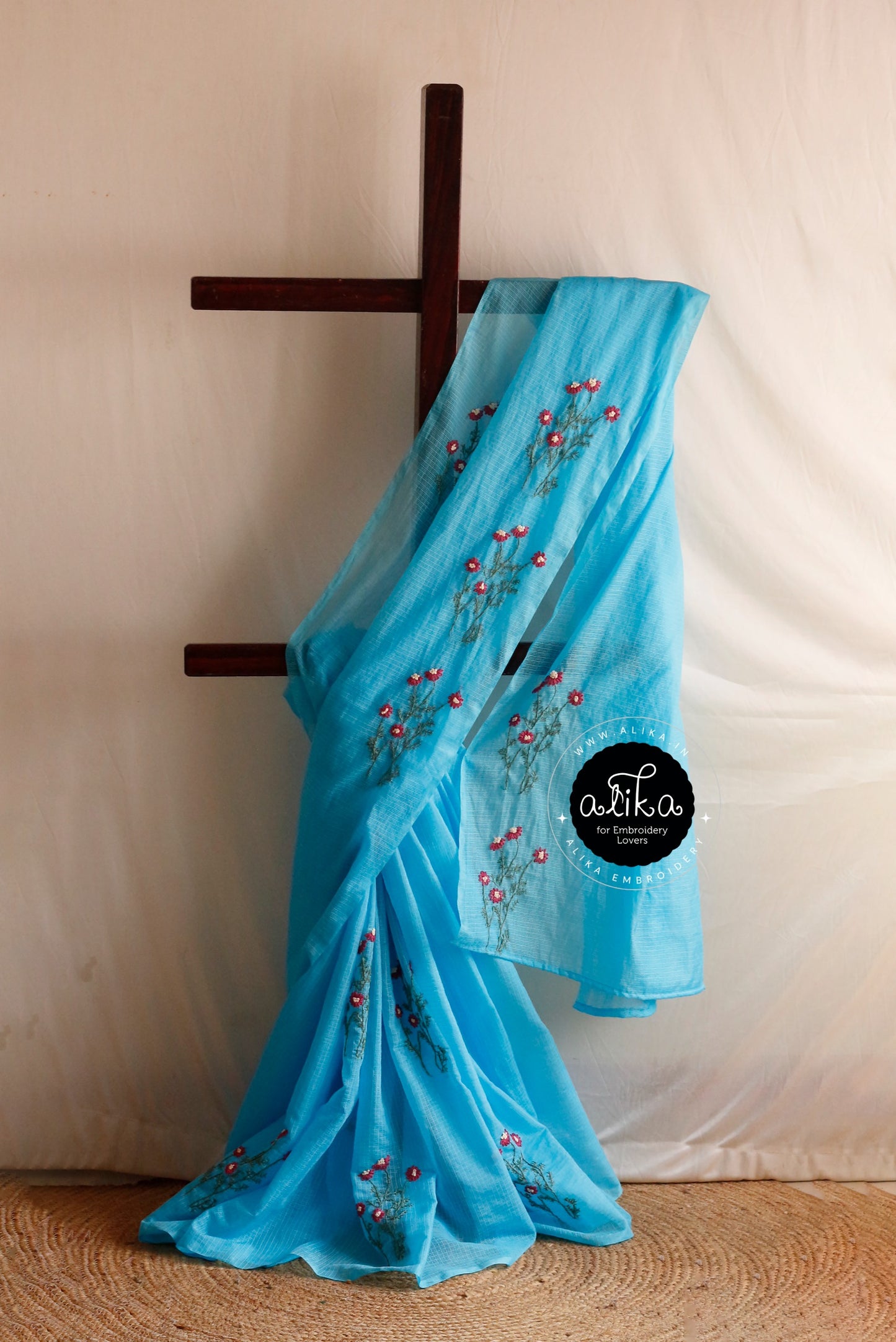 Light Blue Silky Kota Saree with Lazy Daisy Embroidery - Elegant & Breezy by Alika Fashion Store