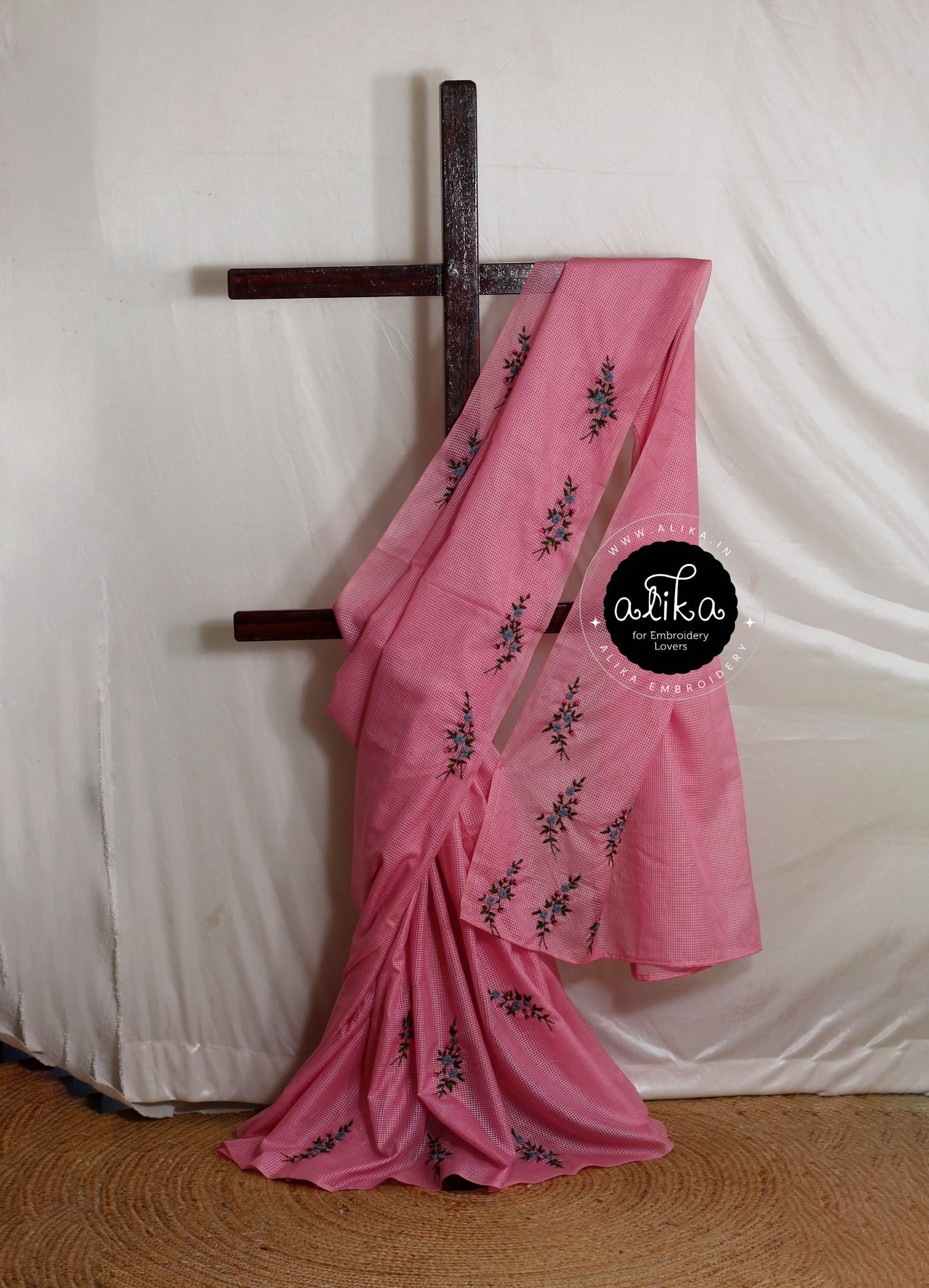 Party Pink Semi-Checked Tussar Saree with Floral Hand Embroidery - Elegant & Chic by Alika Fashion Store