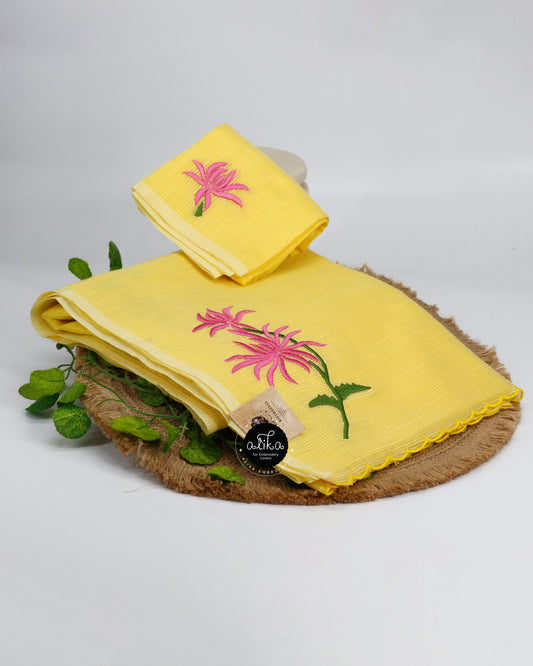 Lemon Yellow Striped Kota Saree with Rani Pink Machine Floral Embroidery by Alika Fashion Store