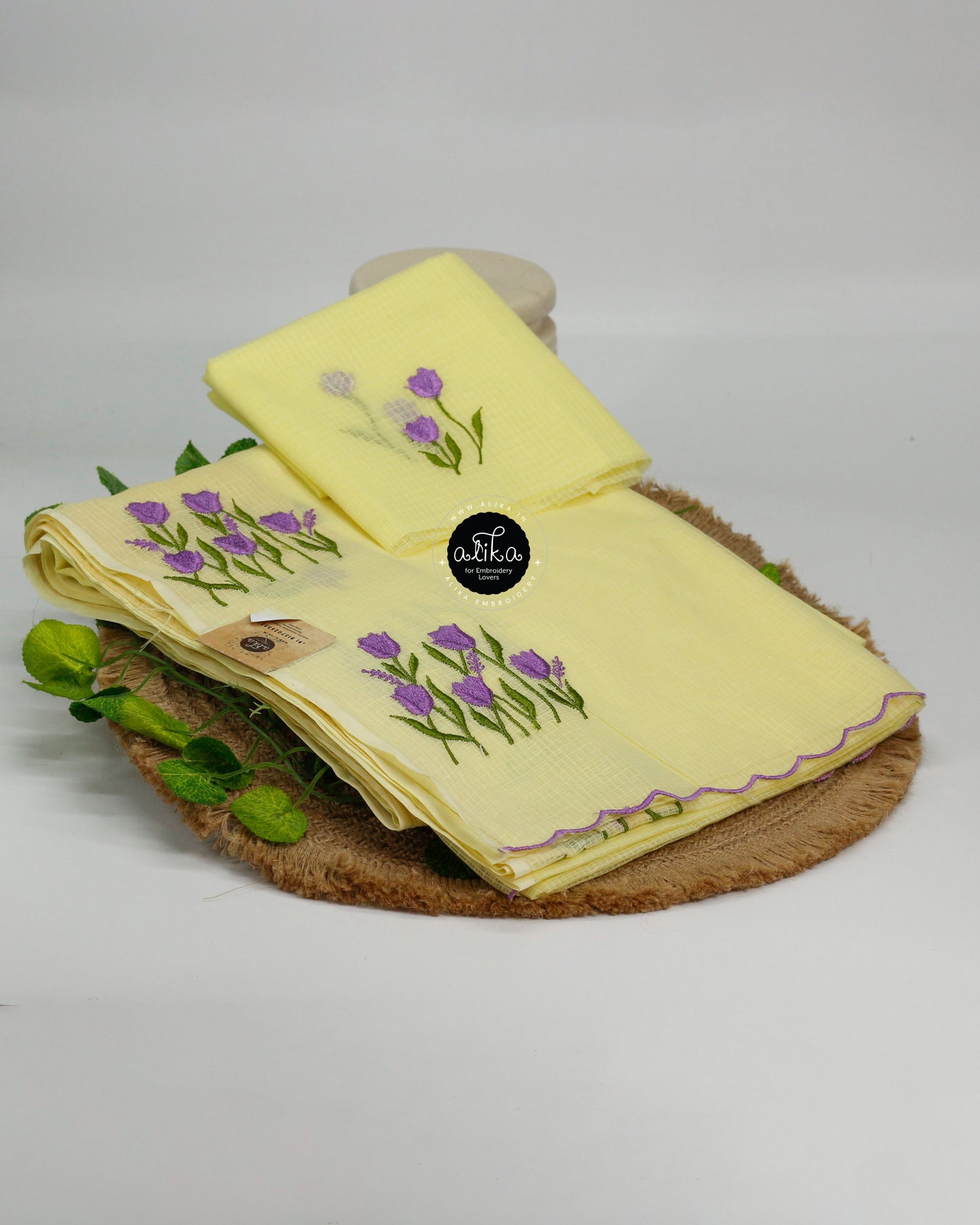 Canary Yellow Kota Saree with Violet Floral Hand Embroidery – Elegant Traditional Wear from Alika Fashion Store