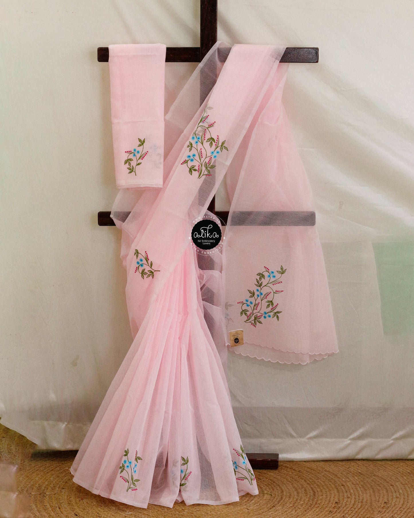 BABY PINK  KOTA SAREE WITH BLUE AND GREEN MACHINE WORK