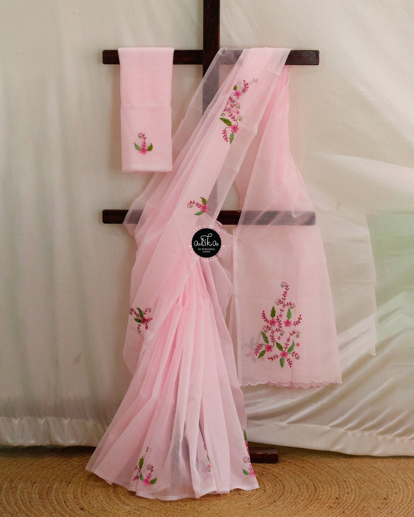 Baby Pink Kota Saree with Floral Embroidery – Graceful & Elegant