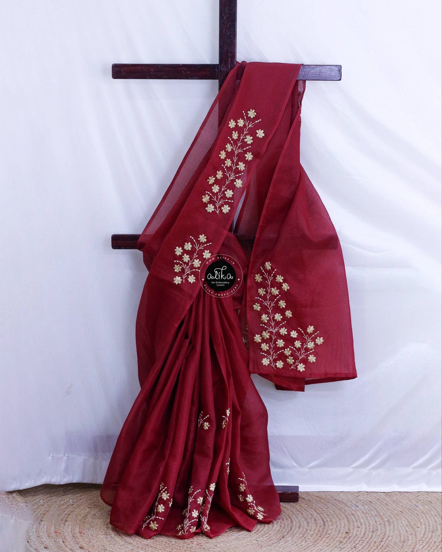 Maroon Checked Silky Kota Saree with Golden Ribbon Work by Alika Fashion Store