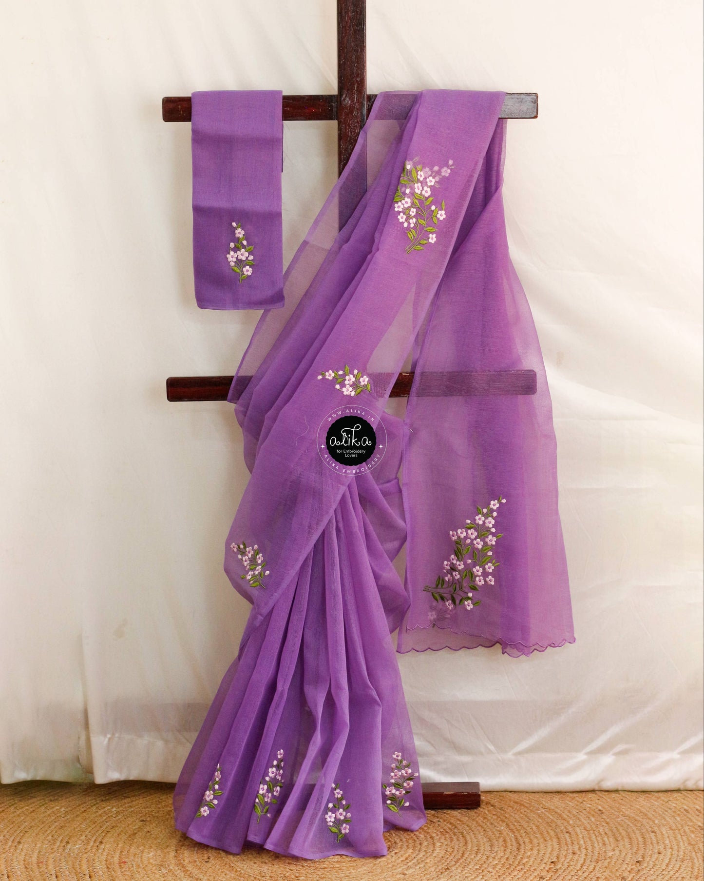 Orchid Violet Kota Saree with Off-White Floral Machine Embroidery by Alika Fashion Store