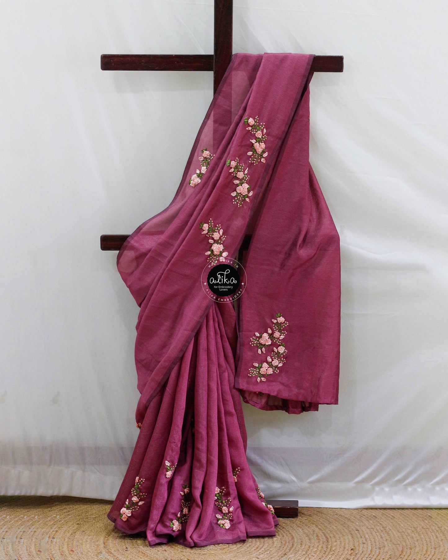 Raspberry Rose Soft Silk Saree with Peach Ribbon Embroidery | Elegant Ethnic Drape