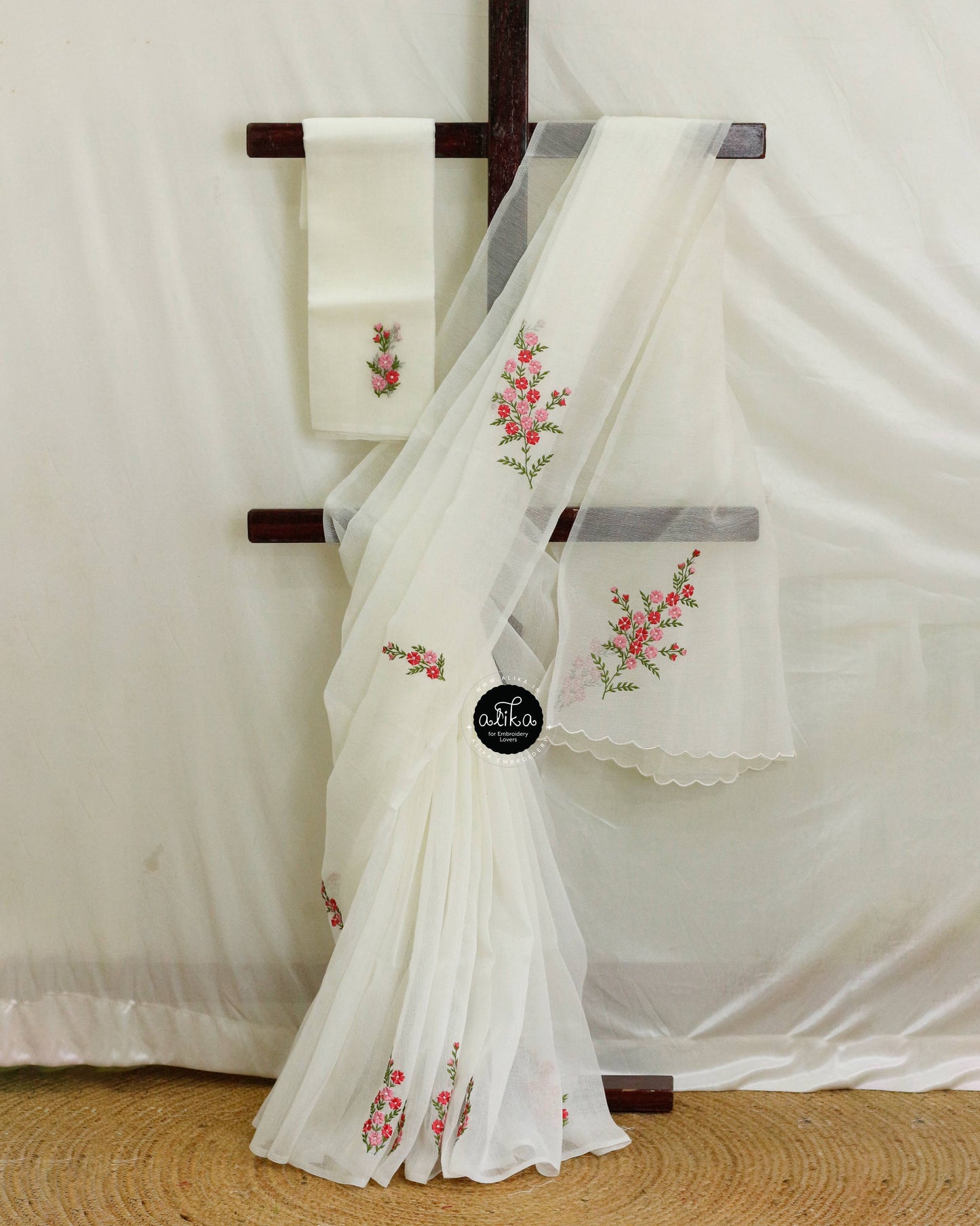 Off-White Kota Saree with Floral Hand Embroidery by Alika Fashion Store