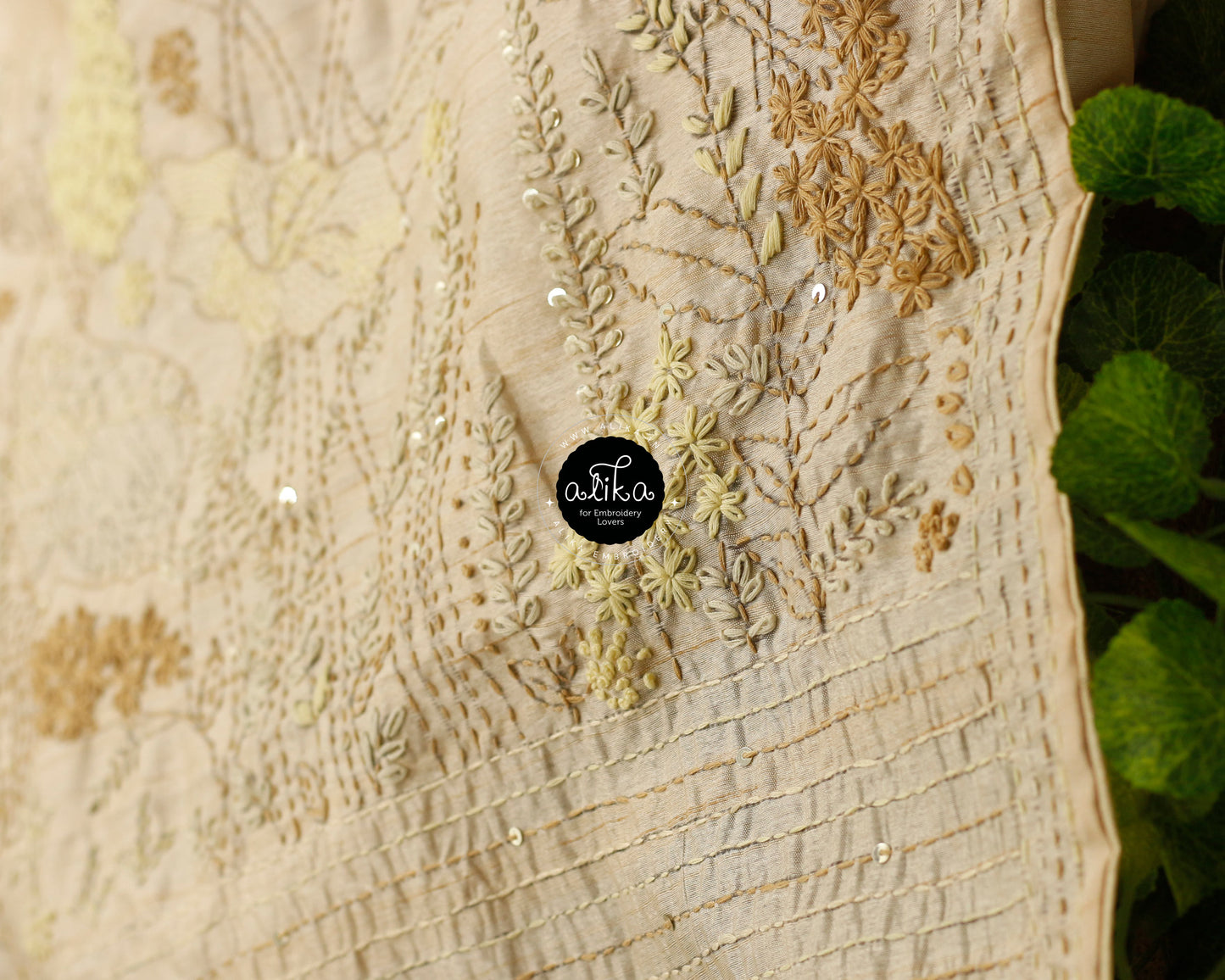 Beige Semi Silk Saree with Elegant Floral Hand Embroidery