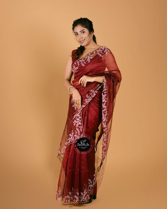 Enchanting Sangria Red Silky Kota Saree with White Sequence Embroidery