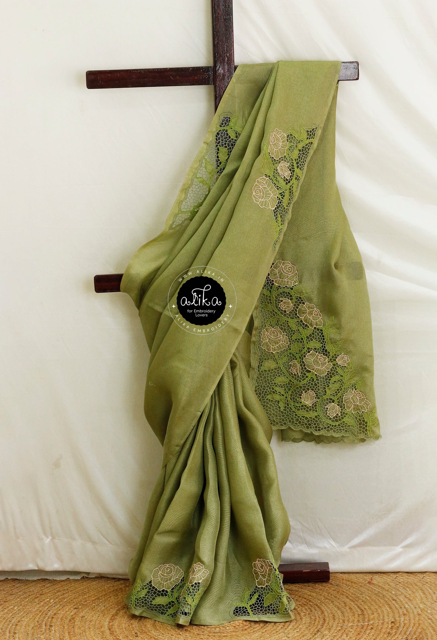 Sage Green Jute Saree with Twine Cut Work – Natural & Elegant | Alika Fashion Store