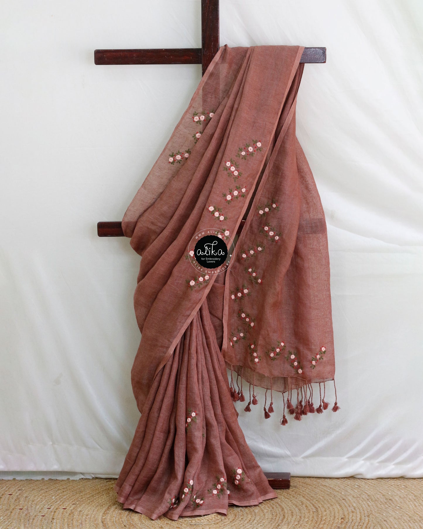 Dark Chestnut Pure Linen Saree with Exquisite Floral Hand Embroidery | Timeless Elegance