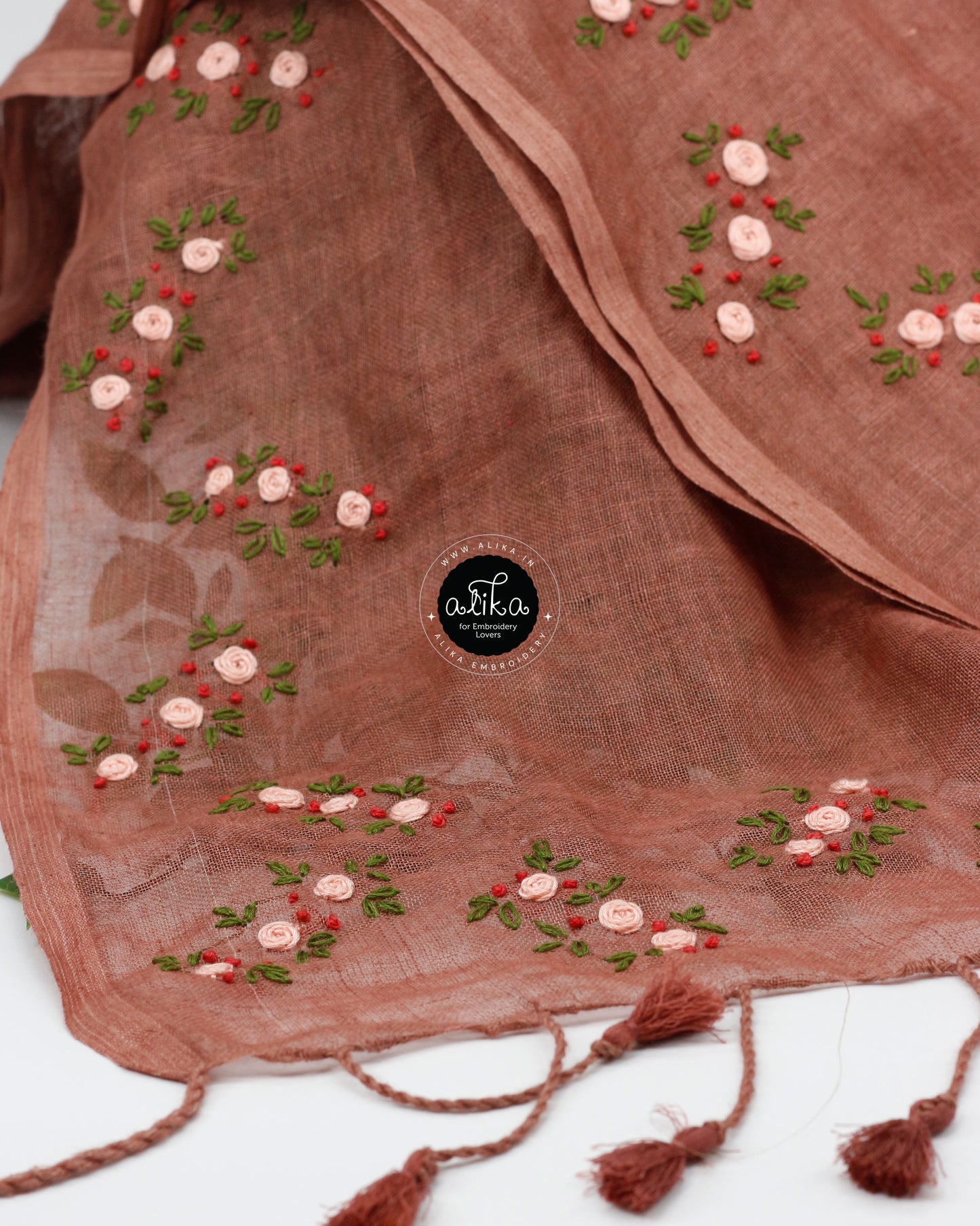 Dark Chestnut Pure Linen Saree with Exquisite Floral Hand Embroidery | Timeless Elegance