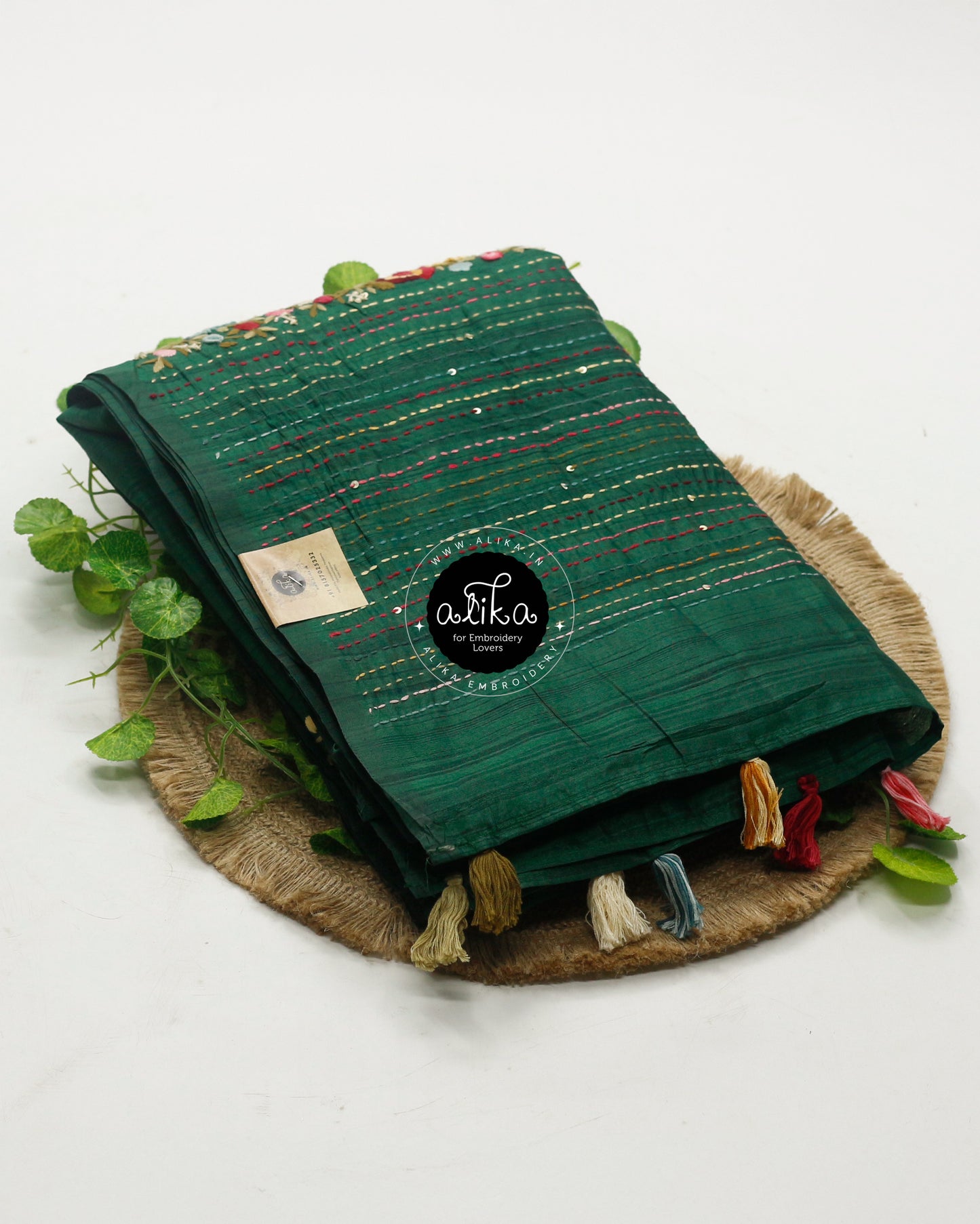 Pine Green Semi Silk Saree with Exquisite Floral Hand Embroidery