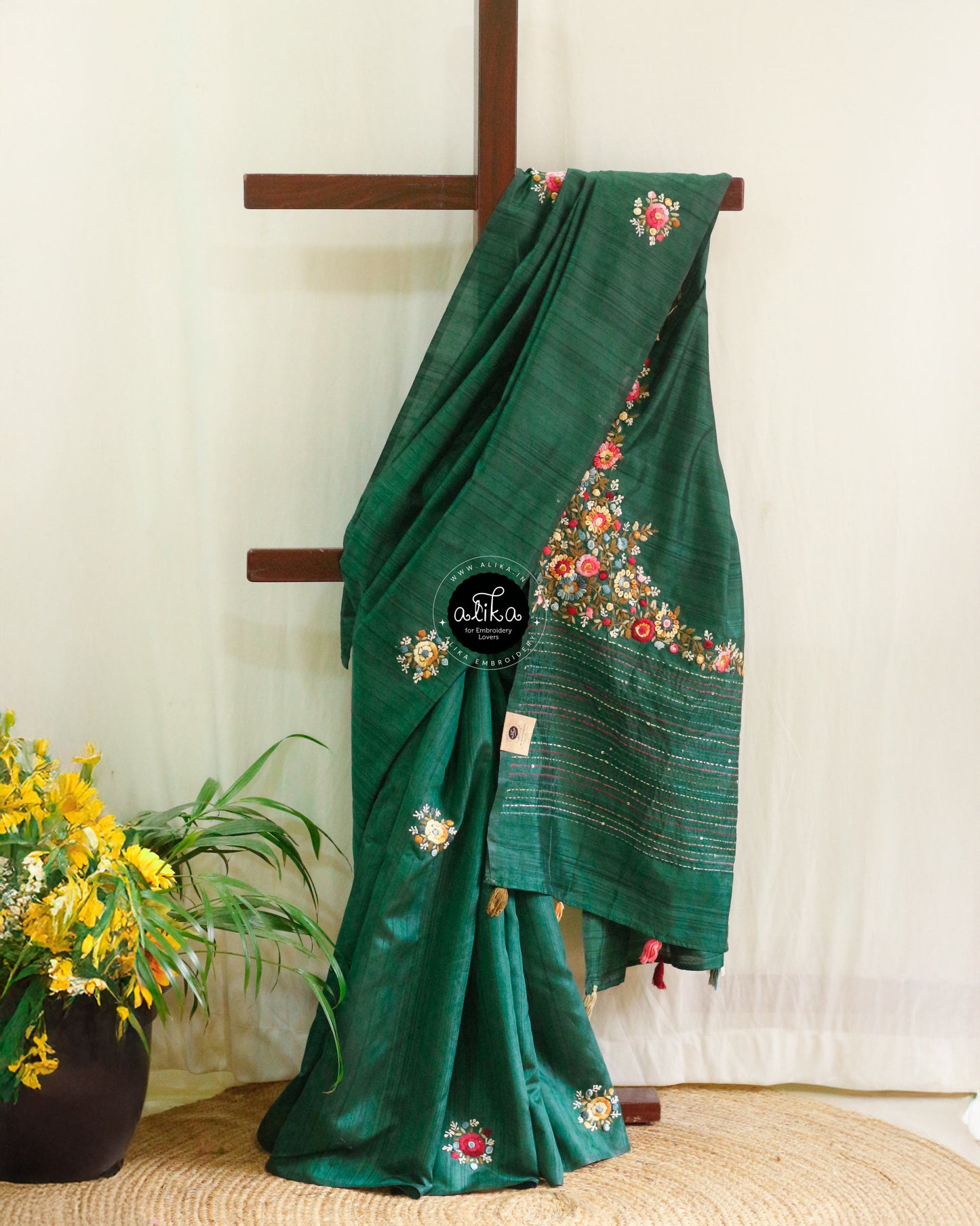 Pine Green Semi Silk Saree with Exquisite Floral Hand Embroidery