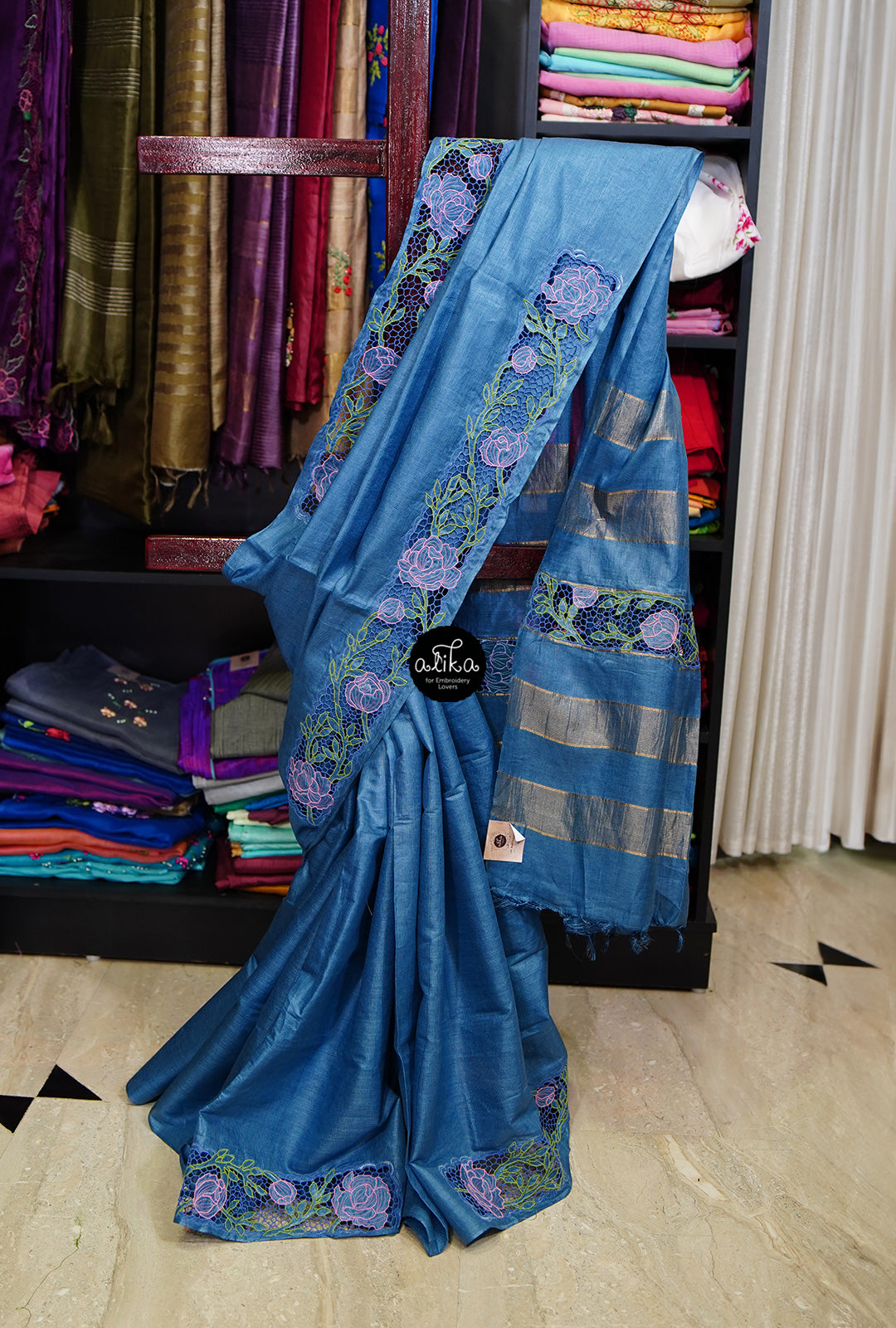 Blue Hand Block Printed Tussar Silk Saree | Avishya.com