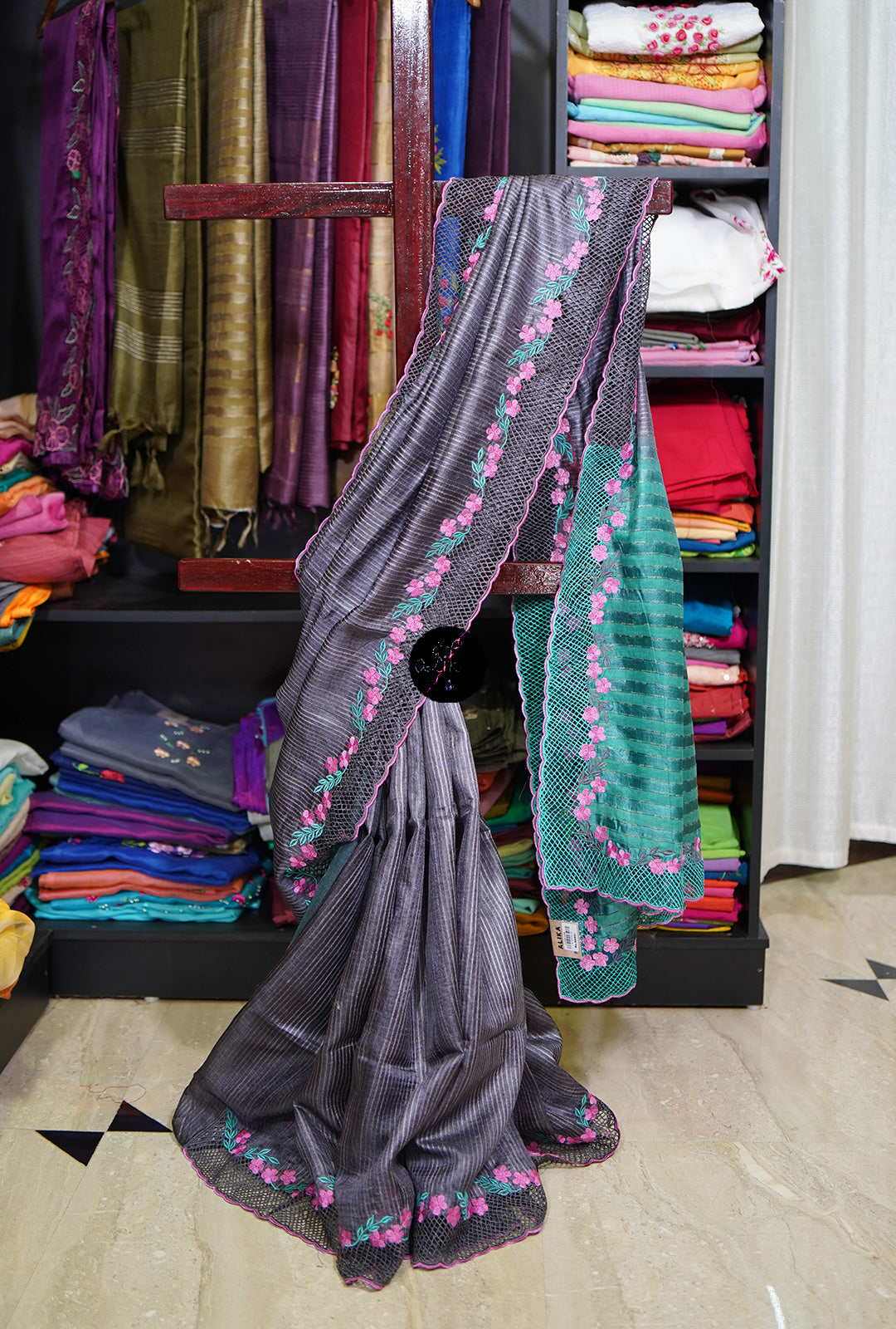 Vibrant Elegance: Green and Grey Multi-Colour Saree with Full Border Cutwork and Floral Machine Work