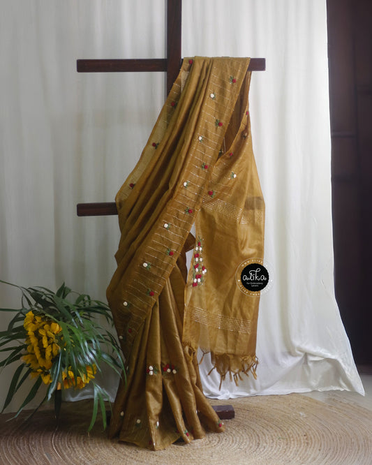 Medium Brown Tussar Silk Saree with Full Border Bullion Hand Embroidery | Alika Fashion Store