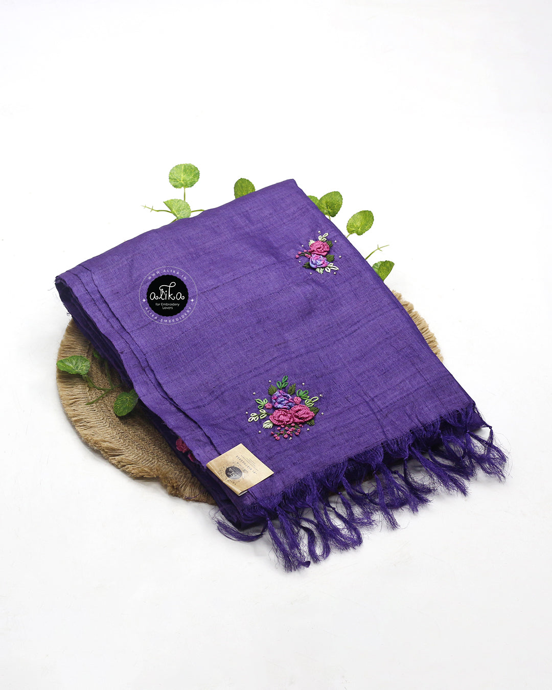 Dark Lavender Tussar Silk Saree with Hand Embroidery | Alika Fashion Store