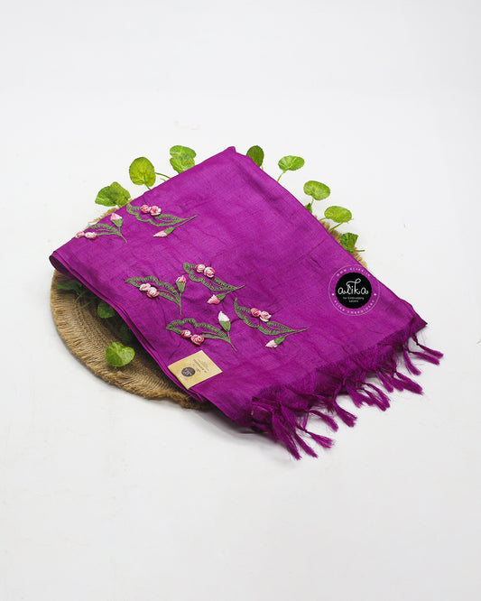 Barney Purple Tussar Silk Saree with Heavy Hand Embroidery | Alika Fashion Store