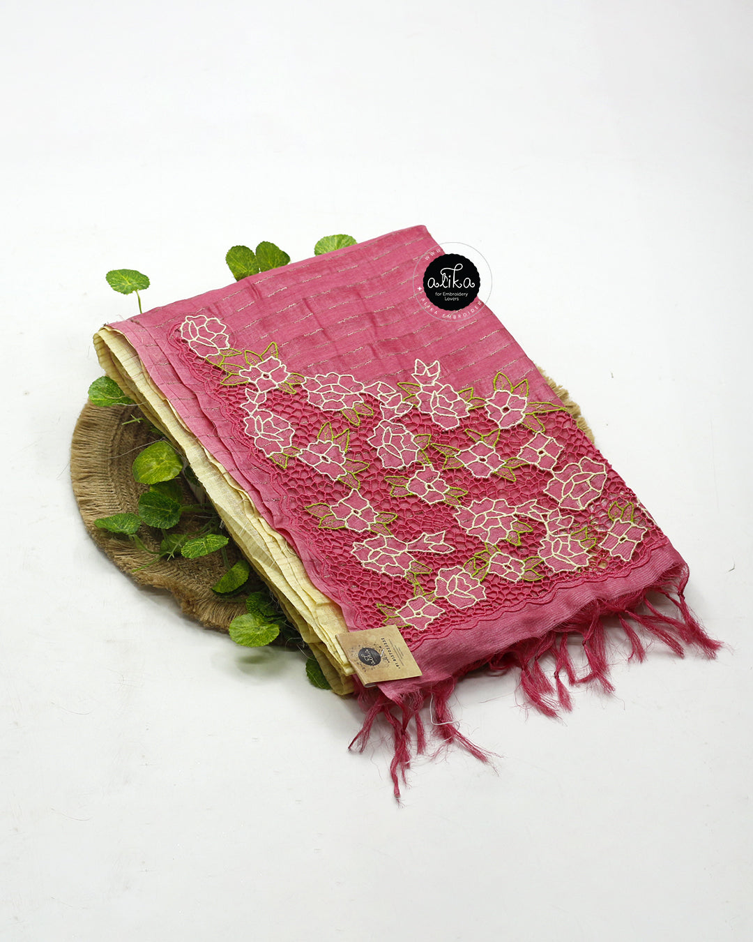 Tulip Pink and Light Yellow Double-Shaded Tussar Silk Saree with Twine Cutwork | Alika Fashion Store