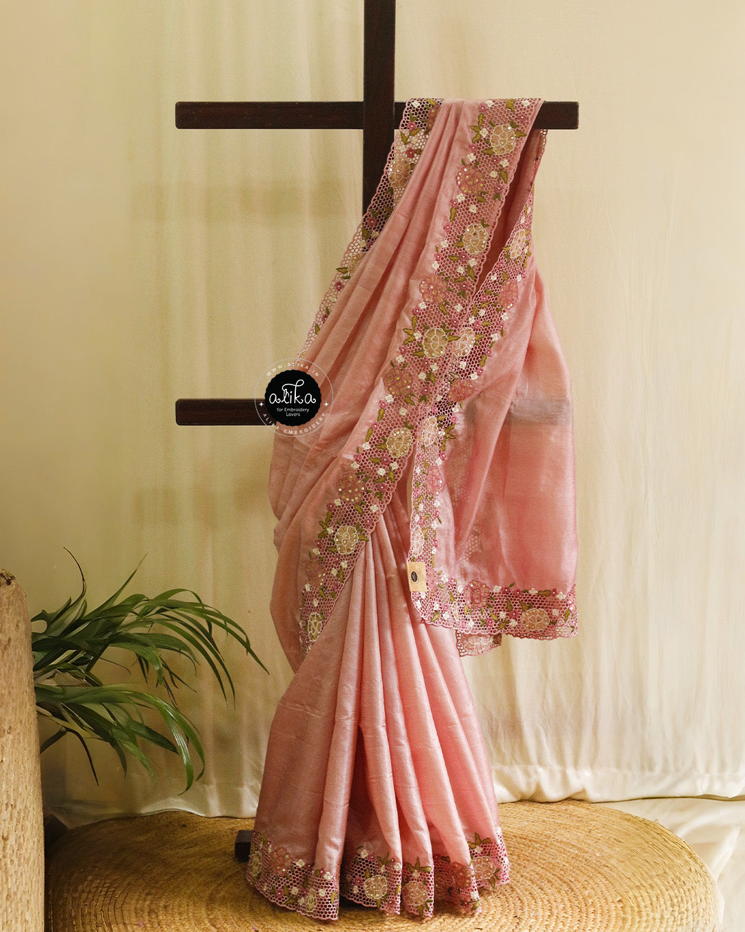 Cavern Pink Tussur Saree with Full Border Cutwork, Beads & Sequin Embroidery