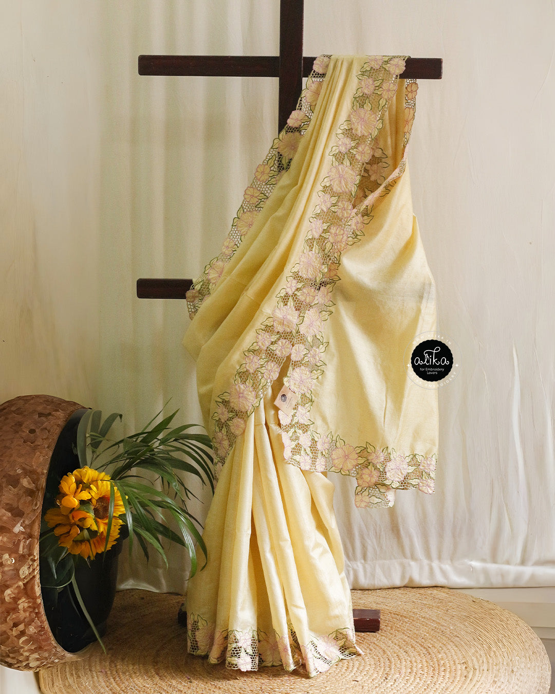 Tan Brown Tussar Silk Saree with Full Border Machine Cutwork | Alika Fashion Store