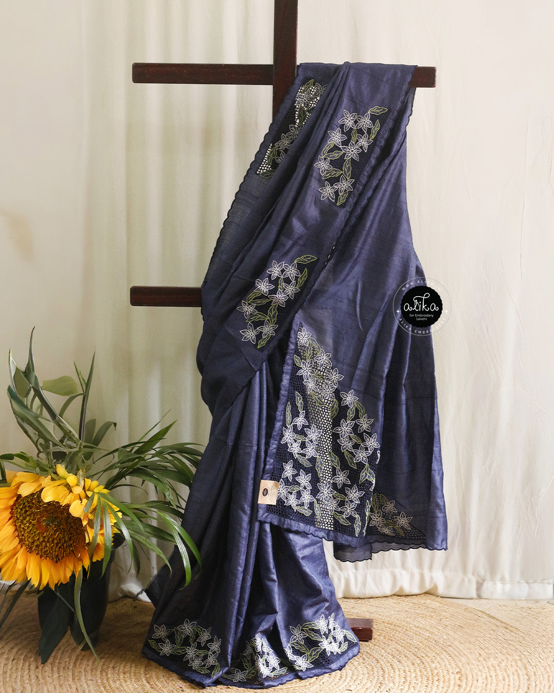 Dusky Blue Tussur Saree with Intricate Cutwork Embroidery