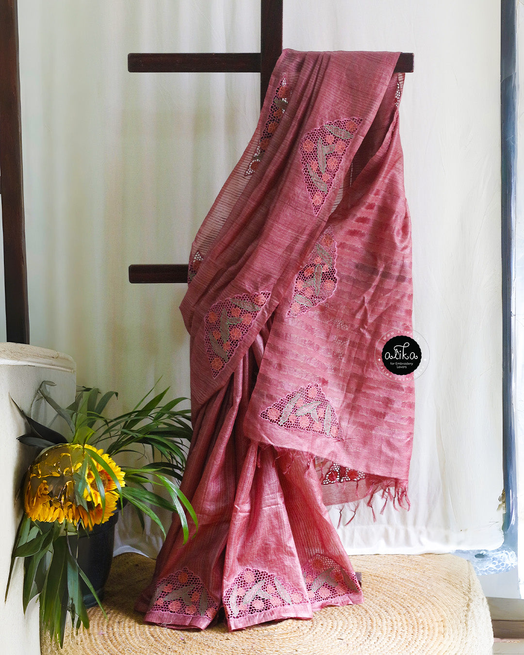 Brownish Pink Tussur Saree with Elegant Cutwork Embroidery