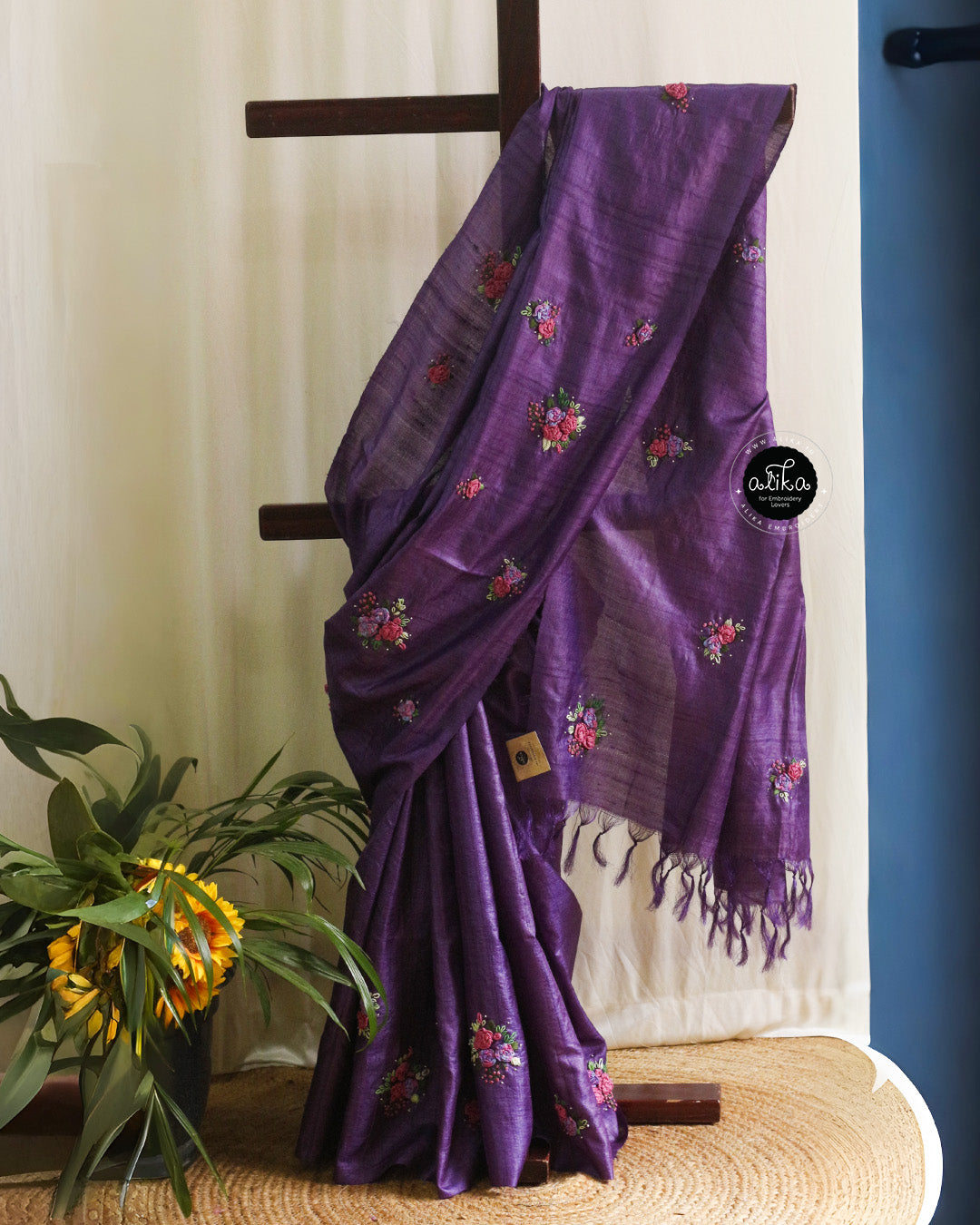 Dark Lavender Tussar Silk Saree with Hand Embroidery | Alika Fashion Store