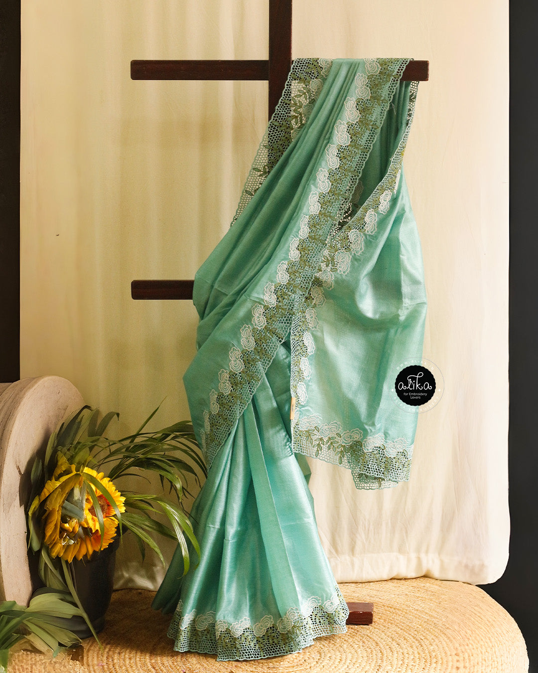 Aquamarine Blue Tussur Saree with Full Border Cutwork