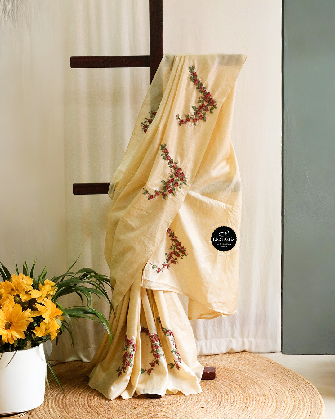 Moon Mist Tussar Silk Saree with Elegant Hand Embroidery | Alika Fashion Store