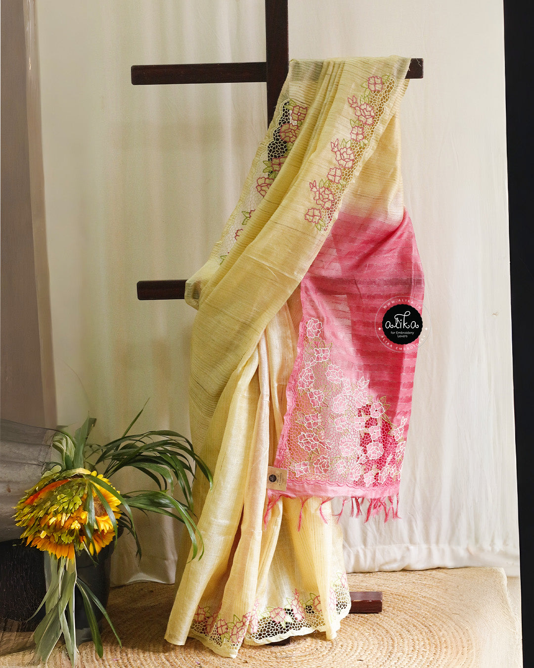 Tulip Pink and Light Yellow Double-Shaded Tussar Silk Saree with Twine Cutwork | Alika Fashion Store