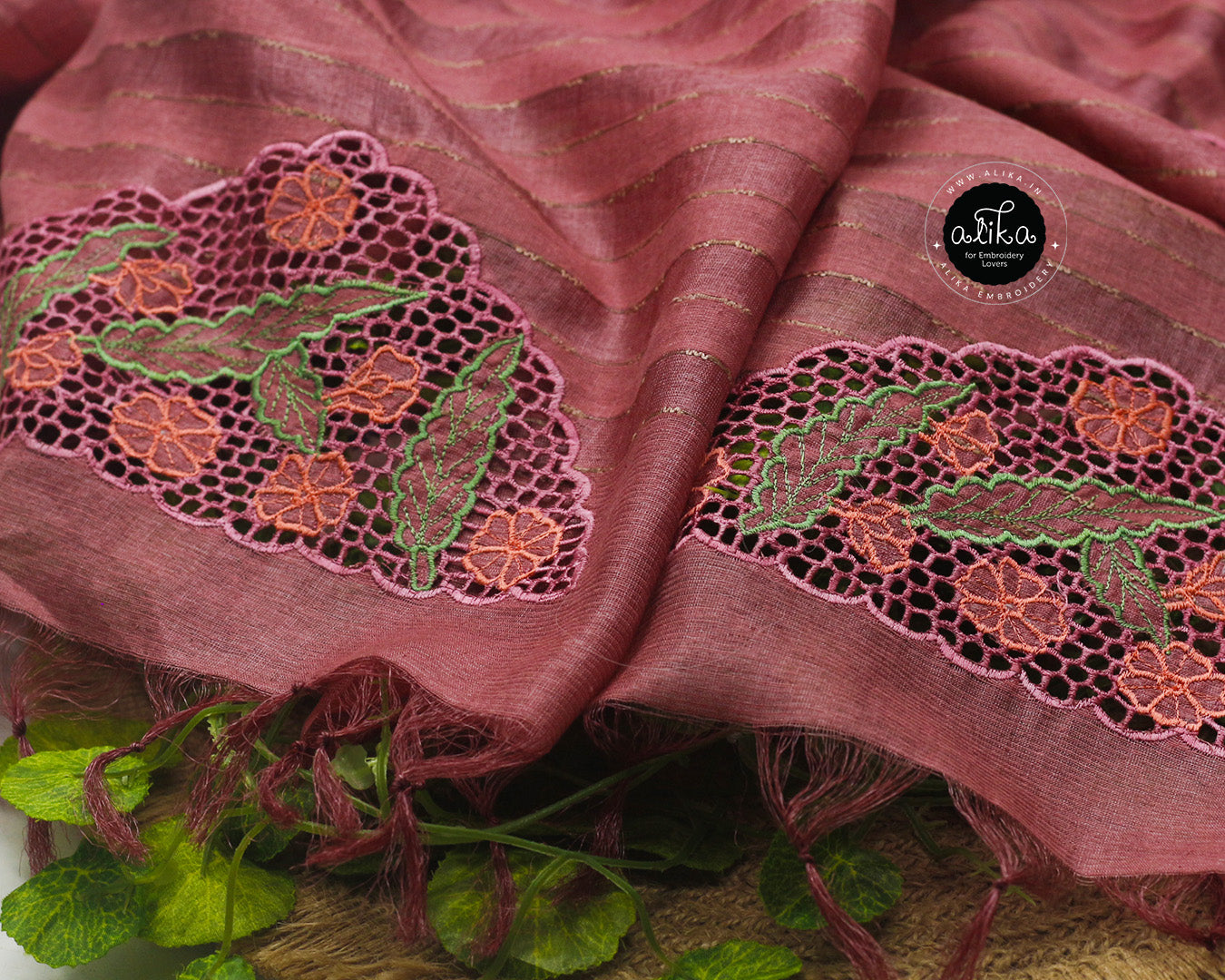 Brownish Pink Tussur Saree with Elegant Cutwork Embroidery