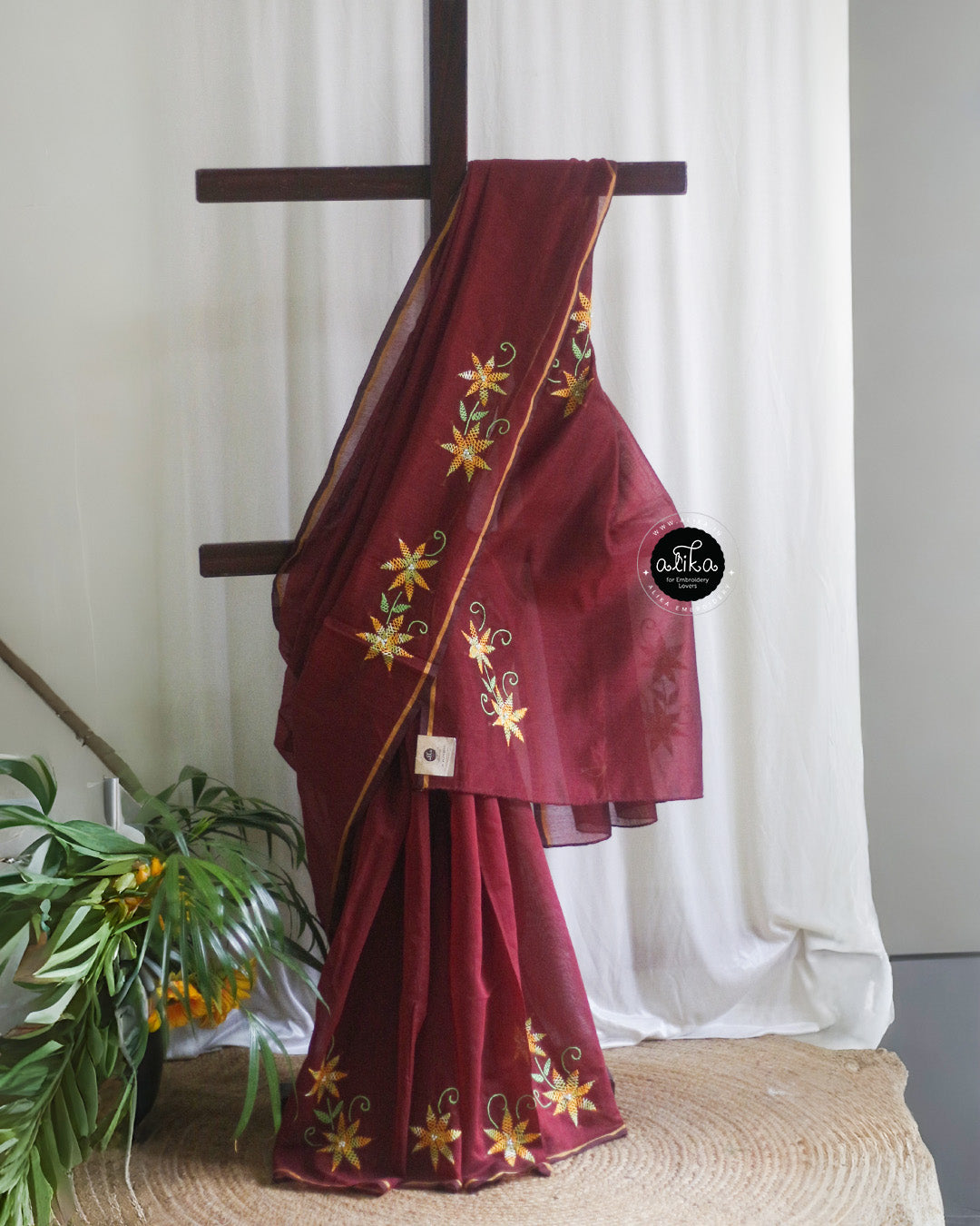 Maroon Chanderi Saree with Hand Embroidery – Traditional Elegance