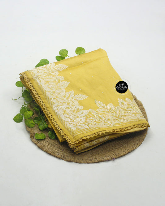 Light Mustard Semi-Silk Saree with Full Border Machine and Lace Work | Alika Fashion Store