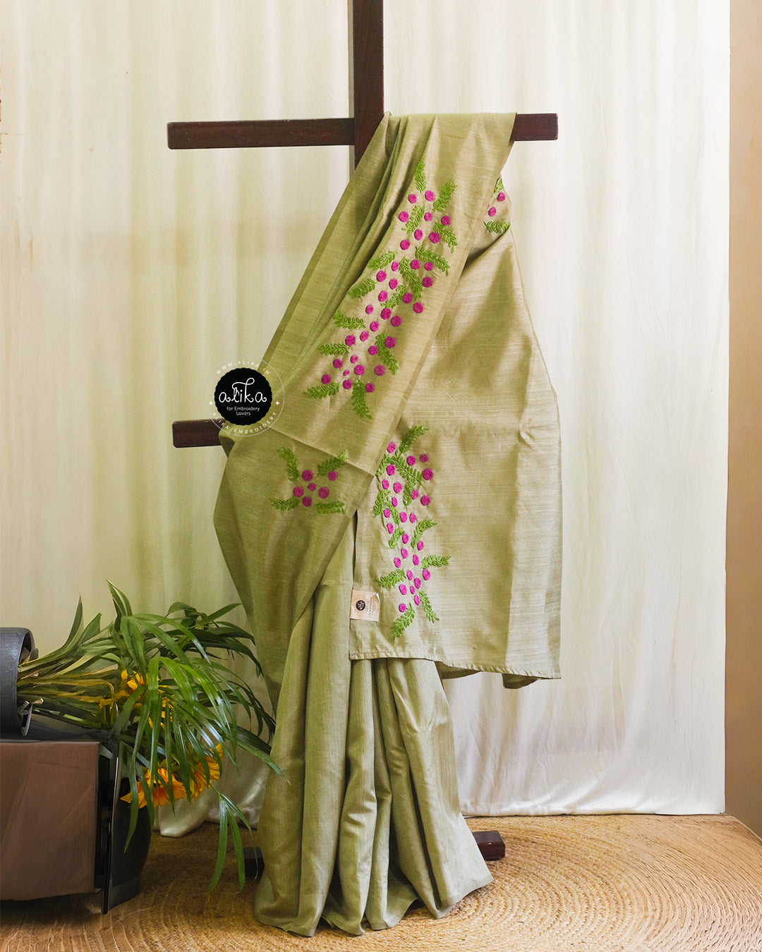 Light Gray Olive Semi Silk Saree with Hand Embroidery – Alika Fashion Store