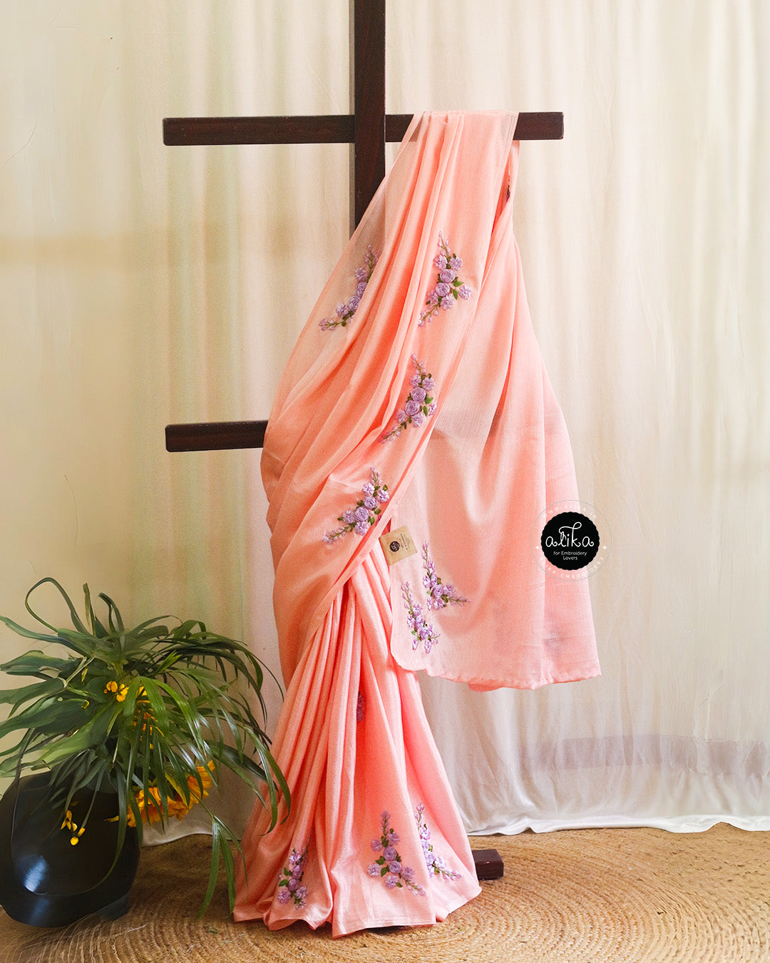 Oyster Pink Semi-Georgette Saree with Lavender Ribbon Work – Alika Fashion Store