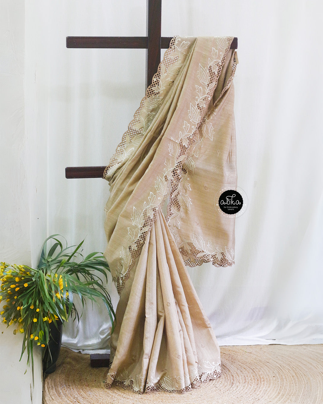 Beige Semi Silk Saree with Full Border Cutwork – Alika Fashion Store