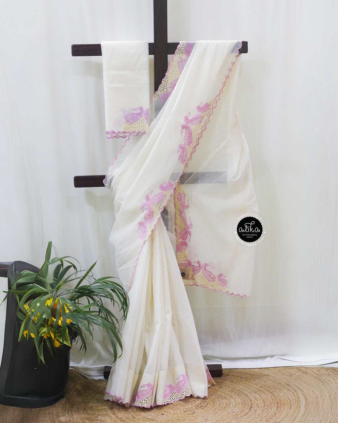 Antique Work Cotton Kota Saree with Full Border Cutwork and Pink Scallop – Alika Fashion Store