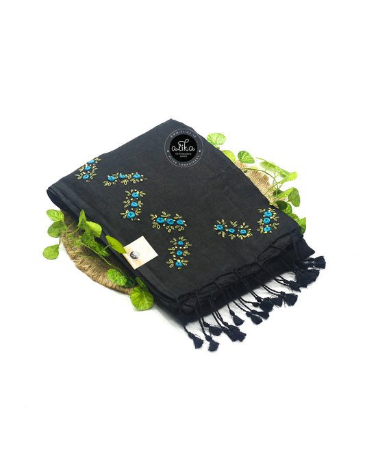 Graceful Black Linen Saree with Vibrant Blue Floral Work